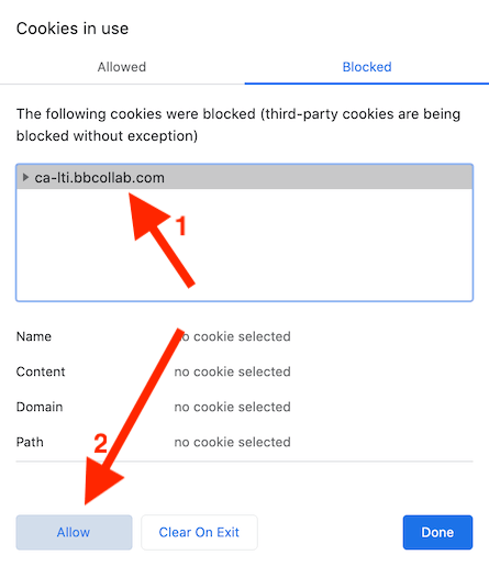 screenshot of Cookies dialog with arrows pointing to (1) blocked cookie and (2) Allow button