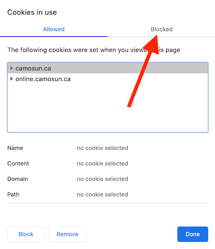 screenshot of Cookies dialog, with arrow pointing to Blocked tab