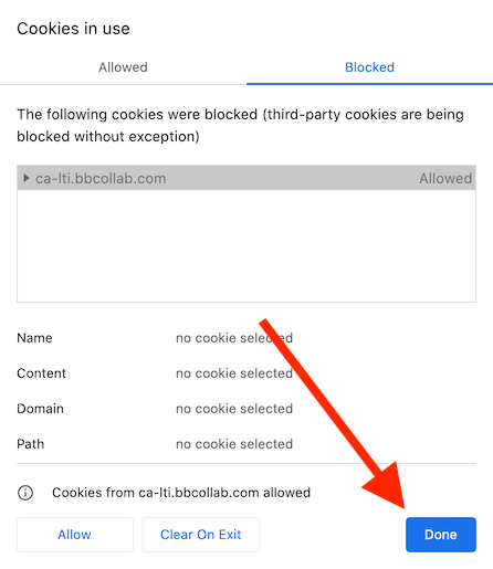 screenshot of Cookies dialog showing changed settings for ca-lti.bbcollab.com cookie, and arrow pointing to Done button