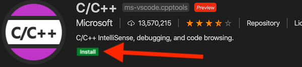 screenshot of C/C++ extension banner, with arrow pointing to install button