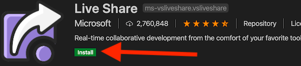 screenshot of Live Share extension banner, with arrow pointing to install button
